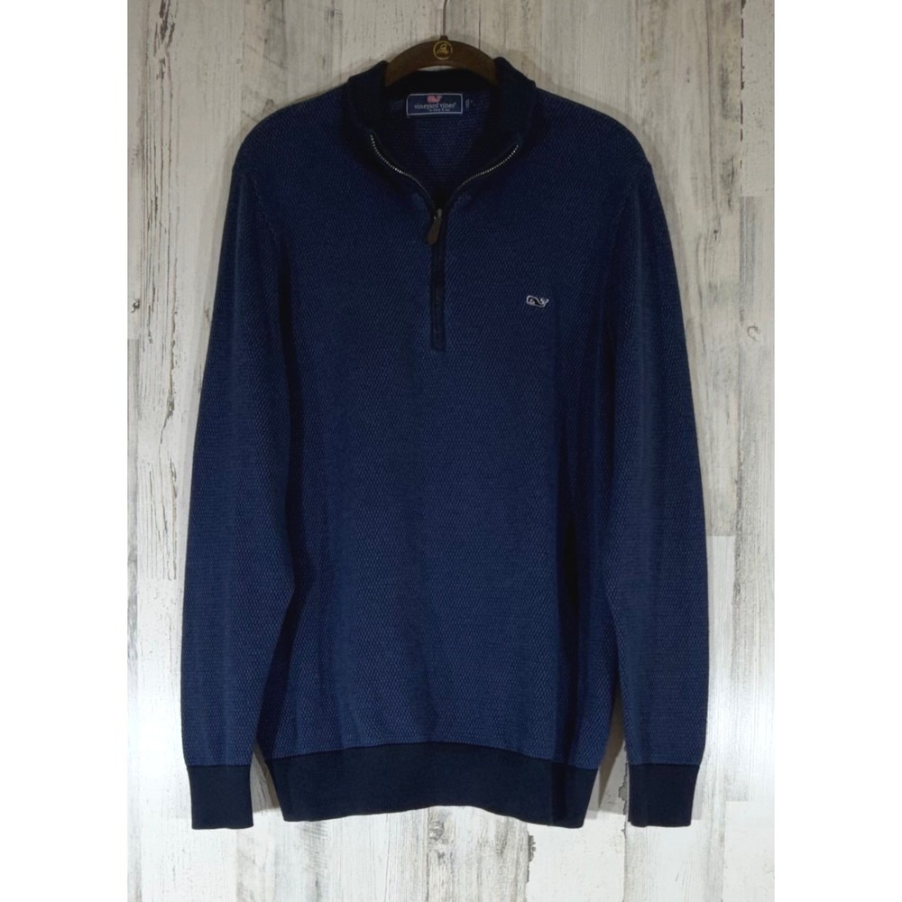 Vineyard Vines Quarter Zip Pullover Sweater Large Navy Waffle Knit Wool Blend